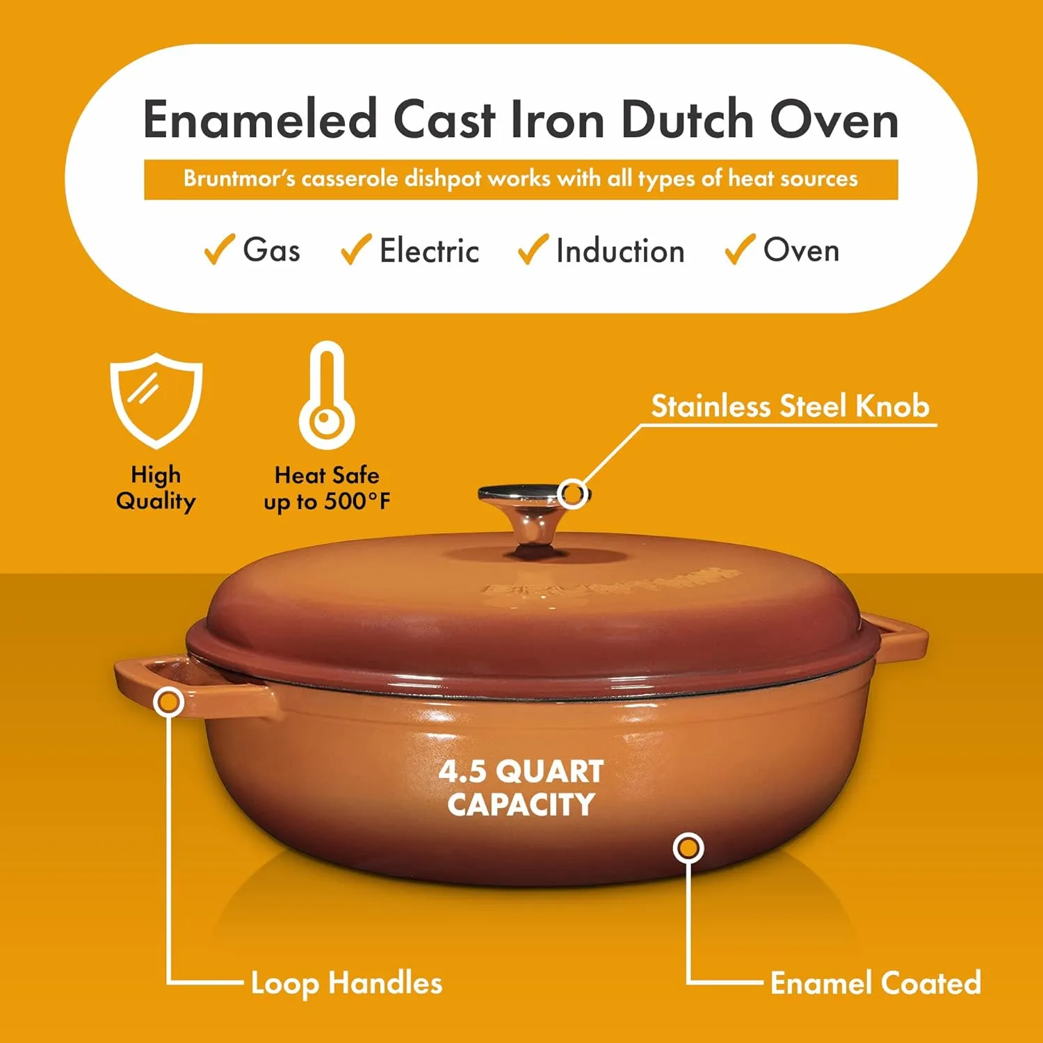 Bruntmor 4.5 Quart Pre-seasoned Enameled Cast Iron Dutch Oven With Dual Handles And Lid, Pumpkin Spice Cast Iron Skillet, Shallow Cookware Braising Pan For Cast Iron Casserole Dish