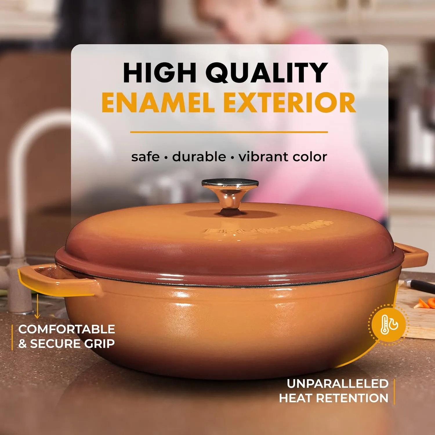 Bruntmor 4.5 Quart Pre-seasoned Enameled Cast Iron Dutch Oven With Dual Handles And Lid, Pumpkin Spice Cast Iron Skillet, Shallow Cookware Braising Pan For Cast Iron Casserole Dish