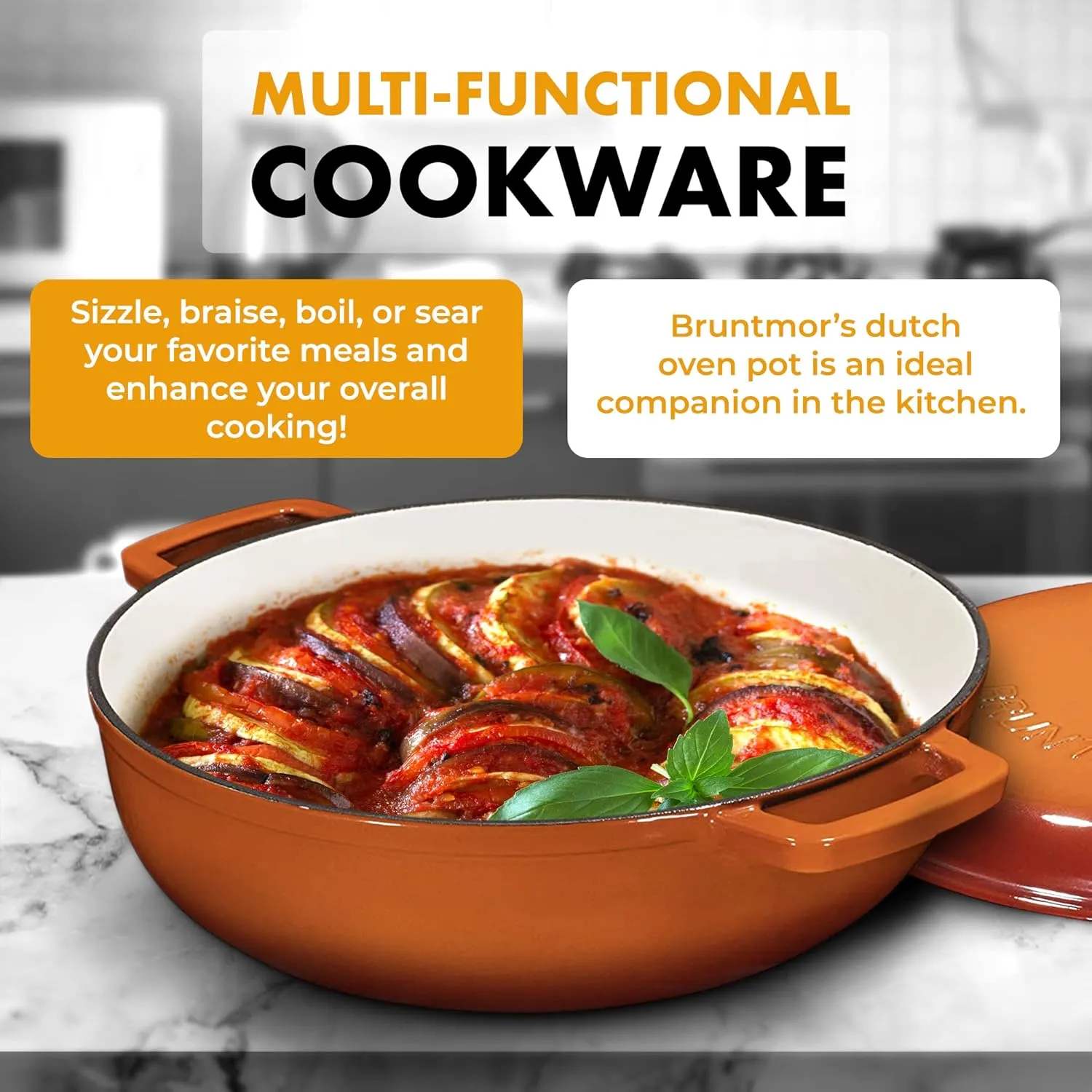 Bruntmor 4.5 Quart Pre-seasoned Enameled Cast Iron Dutch Oven With Dual Handles And Lid, Pumpkin Spice Cast Iron Skillet, Shallow Cookware Braising Pan For Cast Iron Casserole Dish