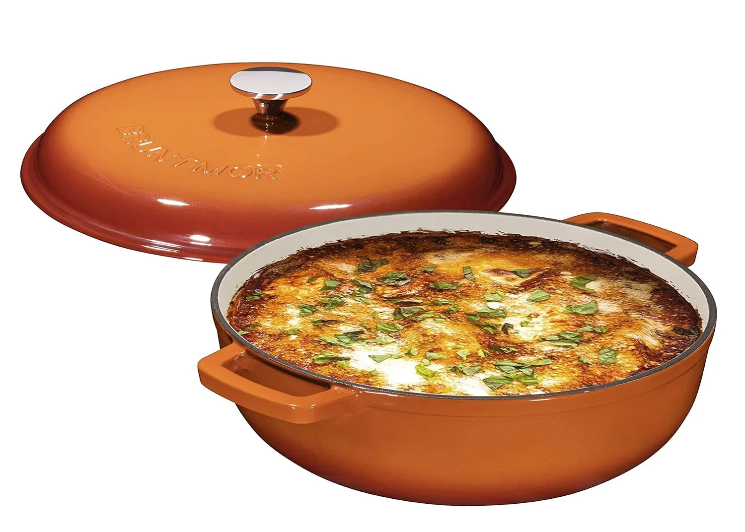 Bruntmor 4.5 Quart Pre-seasoned Enameled Cast Iron Dutch Oven With Dual Handles And Lid, Pumpkin Spice Cast Iron Skillet, Shallow Cookware Braising Pan For Cast Iron Casserole Dish