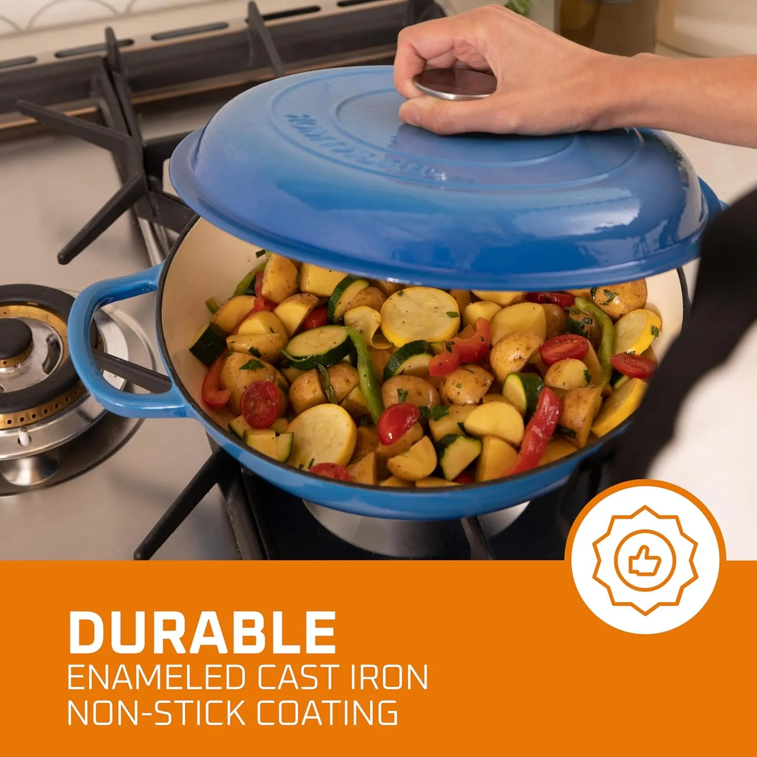 Bruntmor Enameled Cast Iron Dutch Oven - 3.8 Qt Casserole Dish with Handles and Lid - Non-Stick Enamel Coated Cast Iron Skillet - Braiser Pan Cookware with Steel Knob Cover - Marine Blue