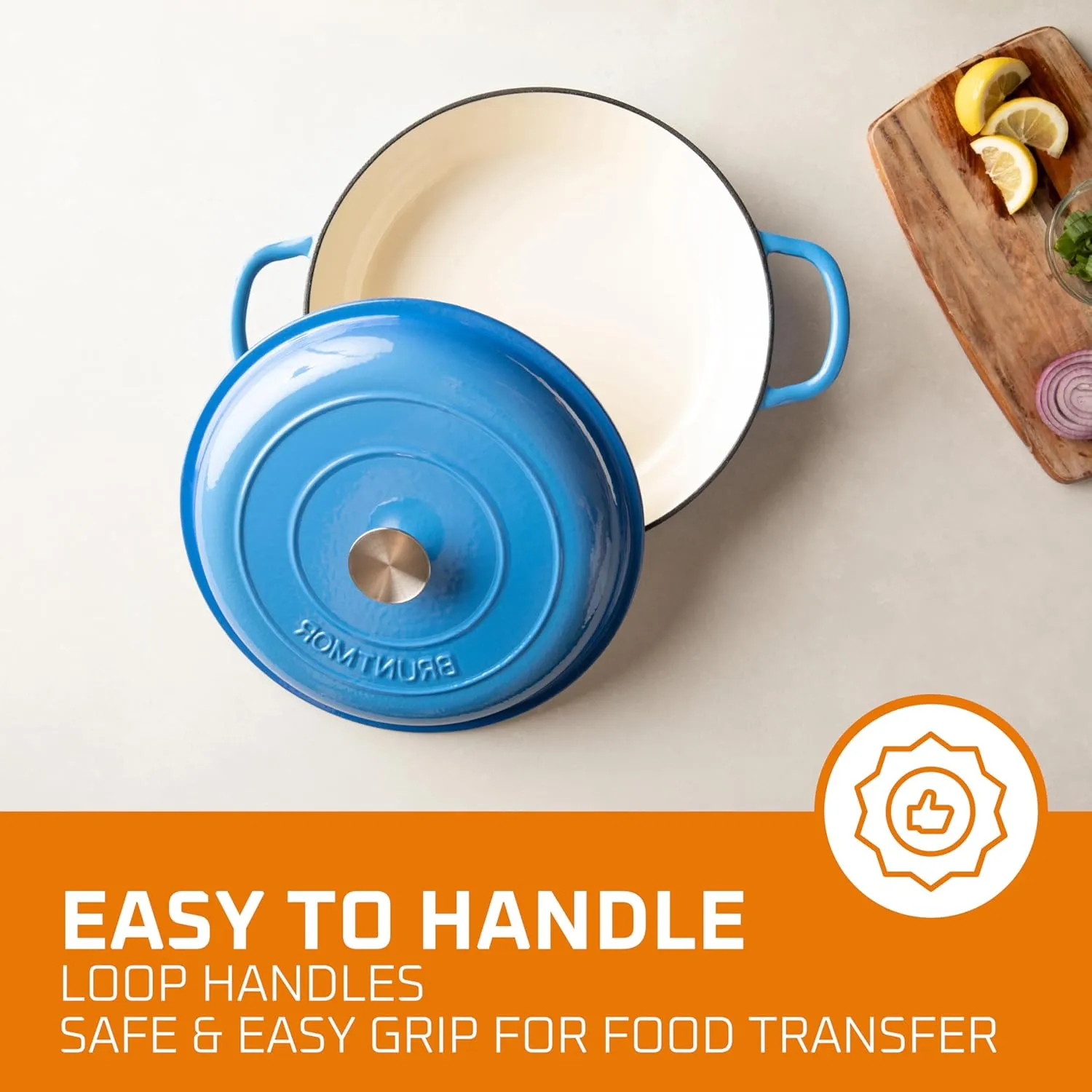 Bruntmor Enameled Cast Iron Dutch Oven - 3.8 Qt Casserole Dish with Handles and Lid - Non-Stick Enamel Coated Cast Iron Skillet - Braiser Pan Cookware with Steel Knob Cover - Marine Blue