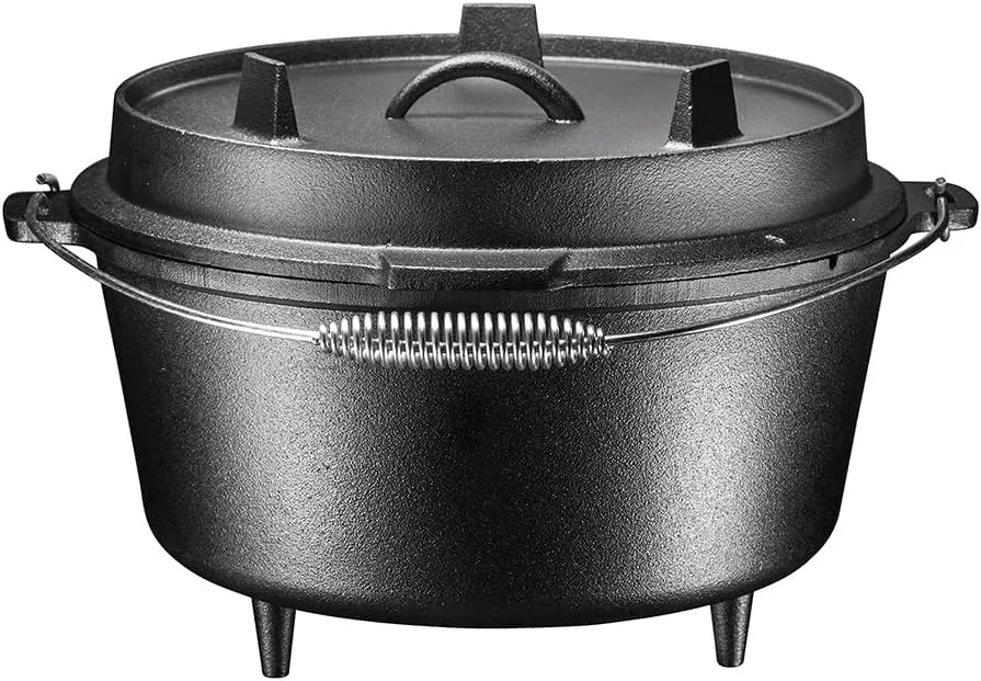 Bruntmor Round Cast Iron Pot Pre-Seasoned 3 Legged Dutch Oven Pot with Lid, 8.5-Quart with Metal spring Handle Cast Iron Skillet | Campfire Cooking Equipment | Cast Iron Cauldron | Enameled Cast Iron