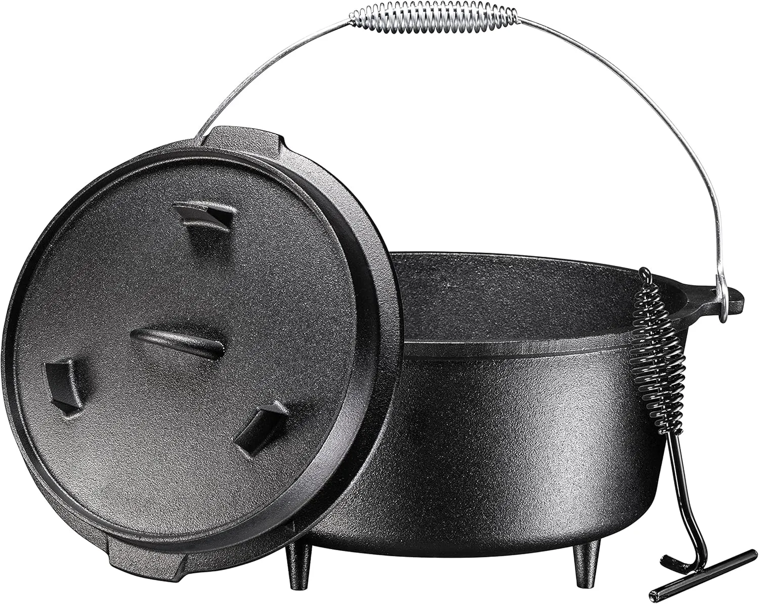 Bruntmor Round Cast Iron Pot Pre-Seasoned 3 Legged Dutch Oven Pot with Lid, 8.5-Quart with Metal spring Handle Cast Iron Skillet | Campfire Cooking Equipment | Cast Iron Cauldron | Enameled Cast Iron