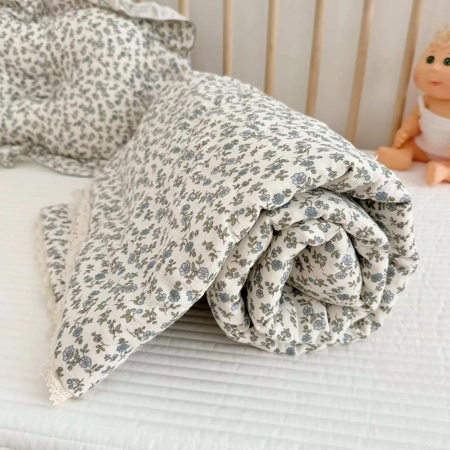 BuLuTu Cotton Muslin Toddler Blanket Blue Floral Print Kids Quilts for Crib Cot Soft Lightweight Boys Girls Comforter for All Seasons, Machine Washable, 47x59 Inches