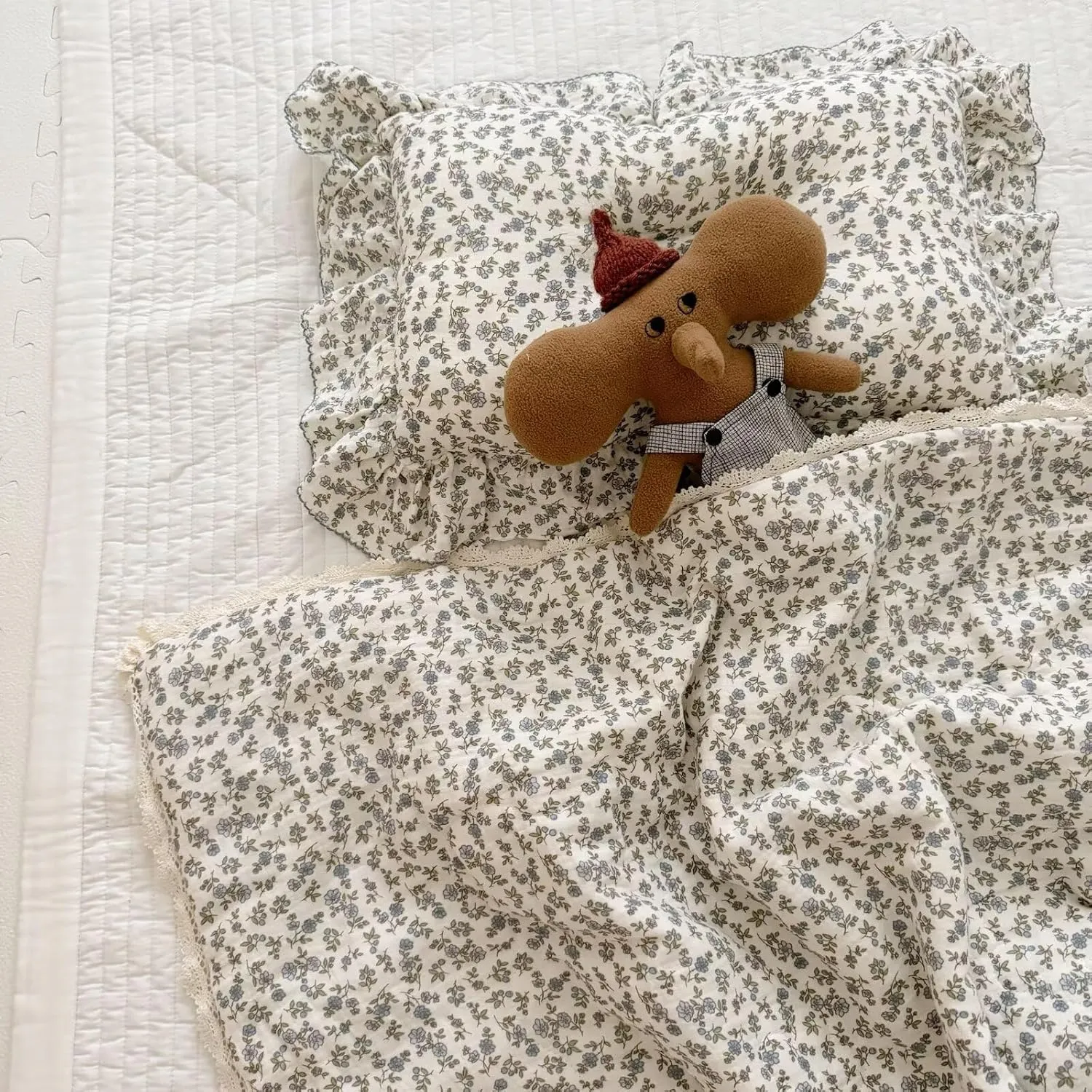BuLuTu Cotton Muslin Toddler Blanket Blue Floral Print Kids Quilts for Crib Cot Soft Lightweight Boys Girls Comforter for All Seasons, Machine Washable, 47x59 Inches