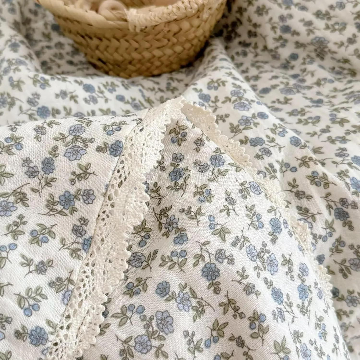BuLuTu Cotton Muslin Toddler Blanket Blue Floral Print Kids Quilts for Crib Cot Soft Lightweight Boys Girls Comforter for All Seasons, Machine Washable, 47x59 Inches