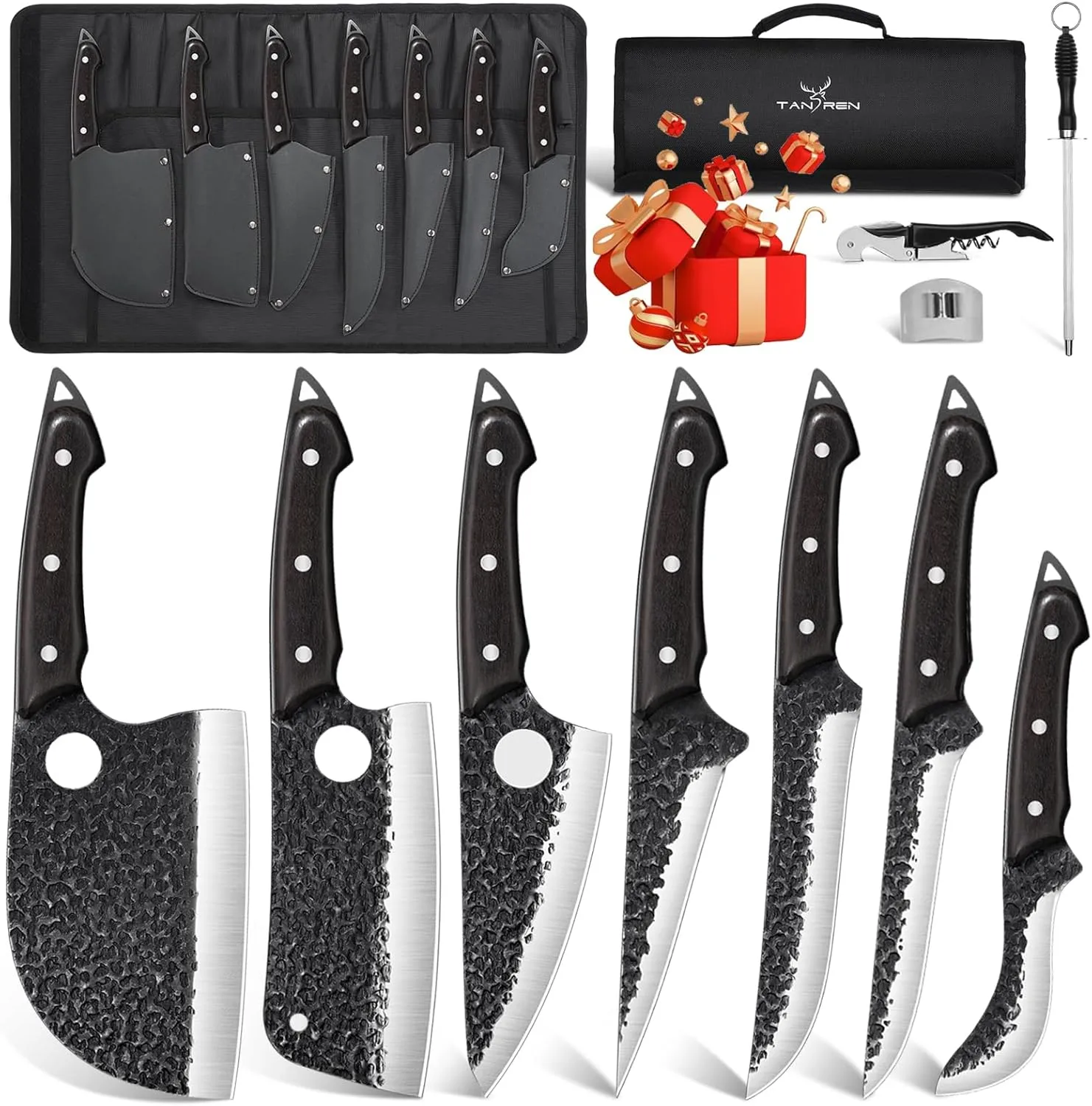 Butcher Knife Set for Meat Cutting, 18PCS Professional Serbian Chef Knife Set with Bag, Hand Forged Viking Kitchen Knife Set, Boning Knife Set for Meat Trimming, Father's Day Gift