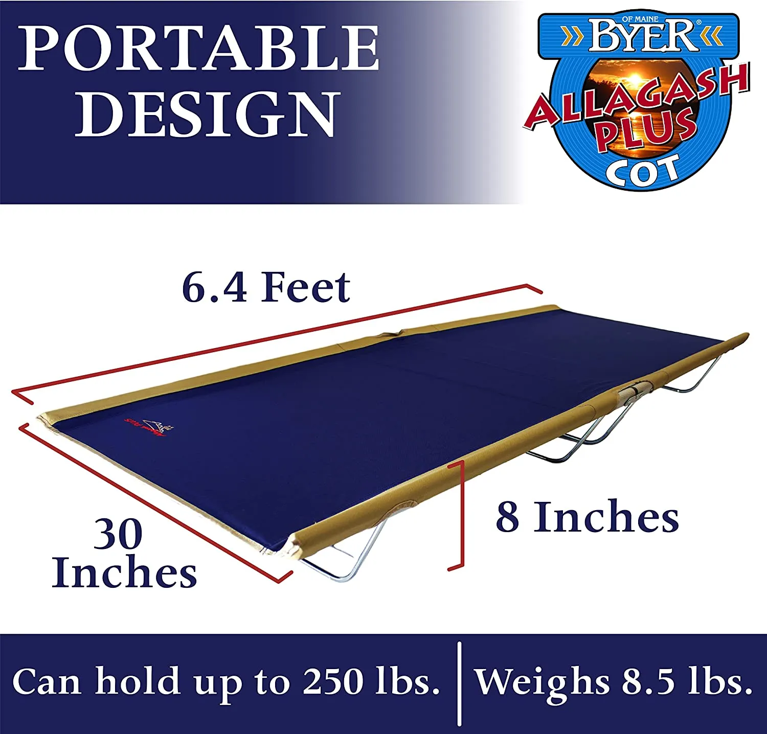 BYER OF MAINE, Allagash Plus, Cot, 76" L X 30" W X 8" H, Lightweight Cot, Extra Wide, Camping Cots Adult, Holds up to 250lbs, Portable Camping Cot