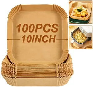 BYKITCHEN Large Air Fryer Liners, Set of 100, 10 Inch Square Air Fryer Liners, XL Air Fryer Disposable Paper Liner, Compatible with Corsori, Ninja, Gourmia Air Fryer and More