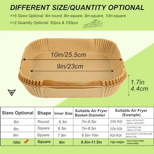 BYKITCHEN Large Air Fryer Liners, Set of 100, 10 Inch Square Air Fryer Liners, XL Air Fryer Disposable Paper Liner, Compatible with Corsori, Ninja, Gourmia Air Fryer and More