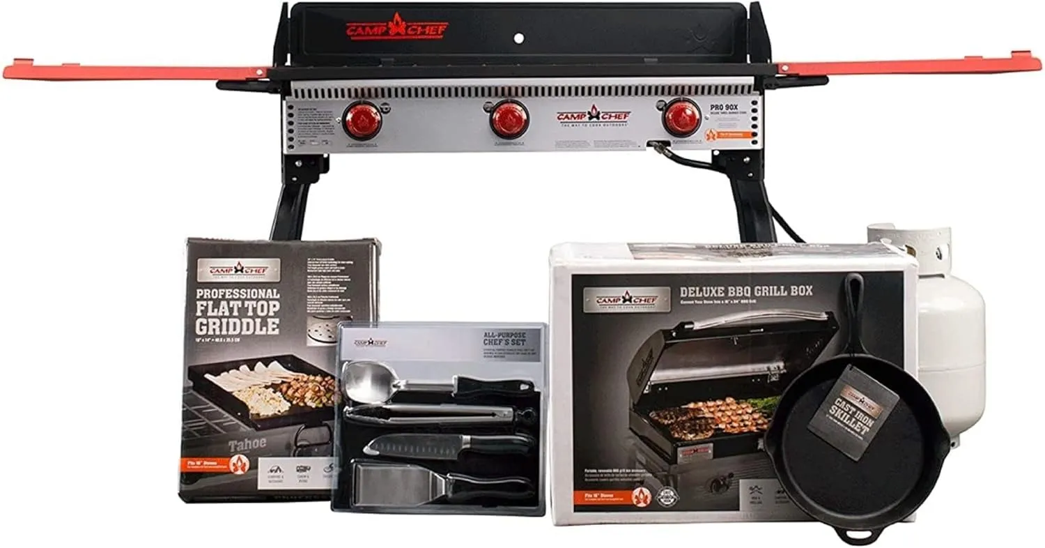 Camp Chef Guy Fieri's Pro 16 Bundle & More - Pro90X Bundle for Outdoor Cooking - Triple Burner Stove - 12" Cast Iron Skillet - 2-Burner BBQ Box - Fry Griddle - Chef's Utensil Set