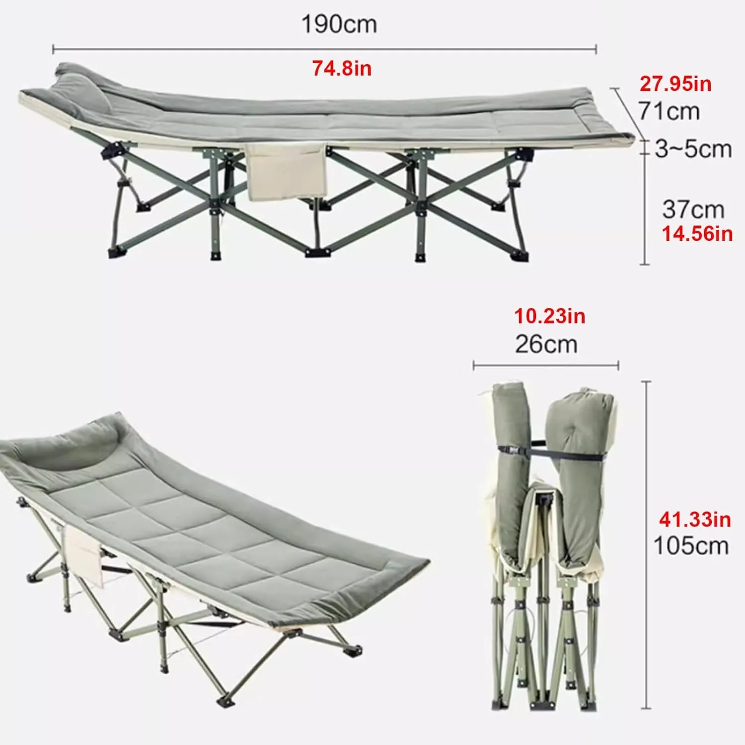 Camp Cots for Adults XL Heavy Duty Wide Folding Camping Cot with Side Pocket, Sleeping Cots for Adults 74" L x 27" W x 14" H for Camping Tent Office Sleep Over(Green)