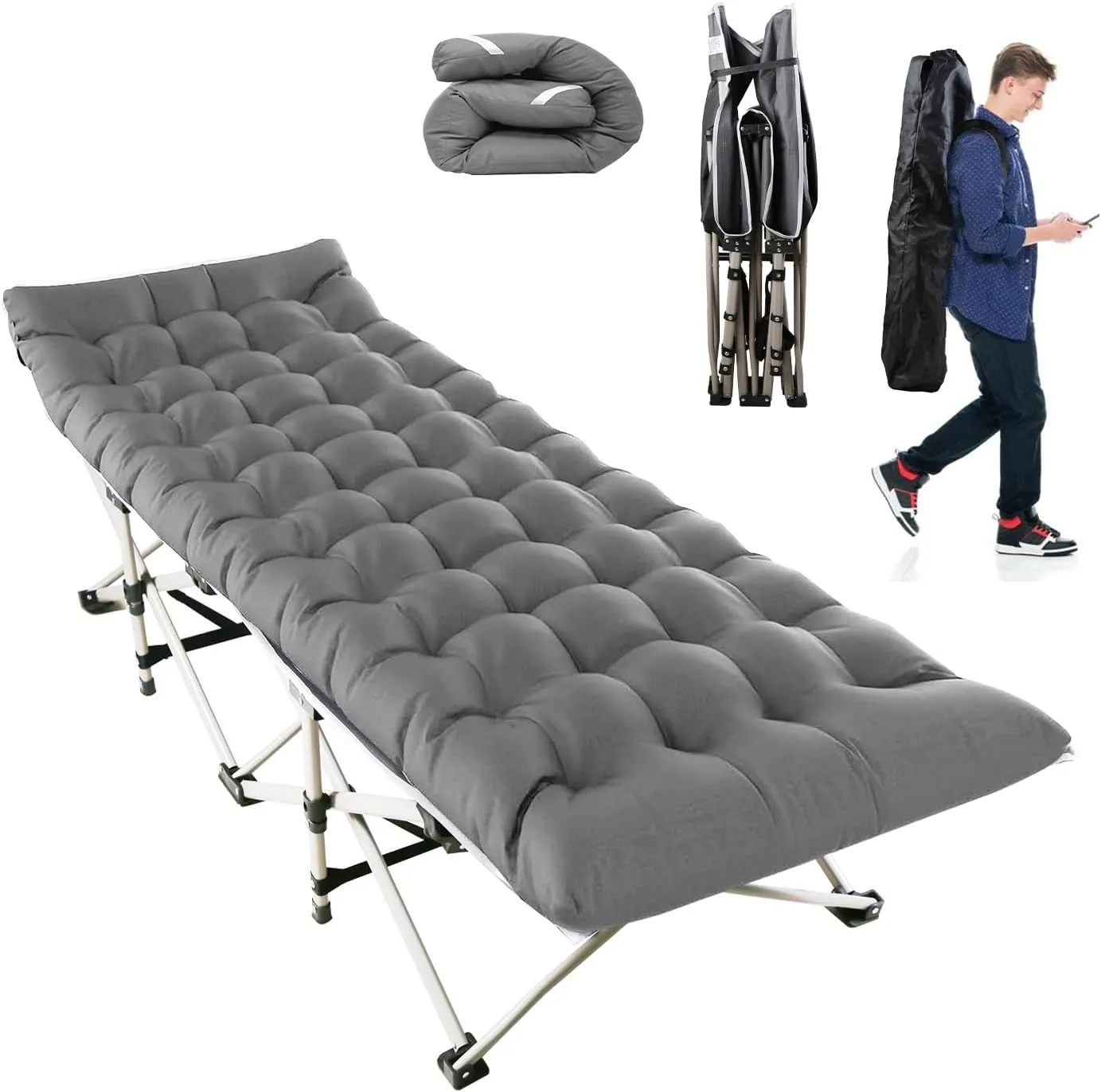 Camping Cot, Foldable Cot Bed with 2-Sided Soft Pad, Portable Folding Sleeping Cot with Portable Storage Bag for Camping Tent Office Travel Naps (Grey)