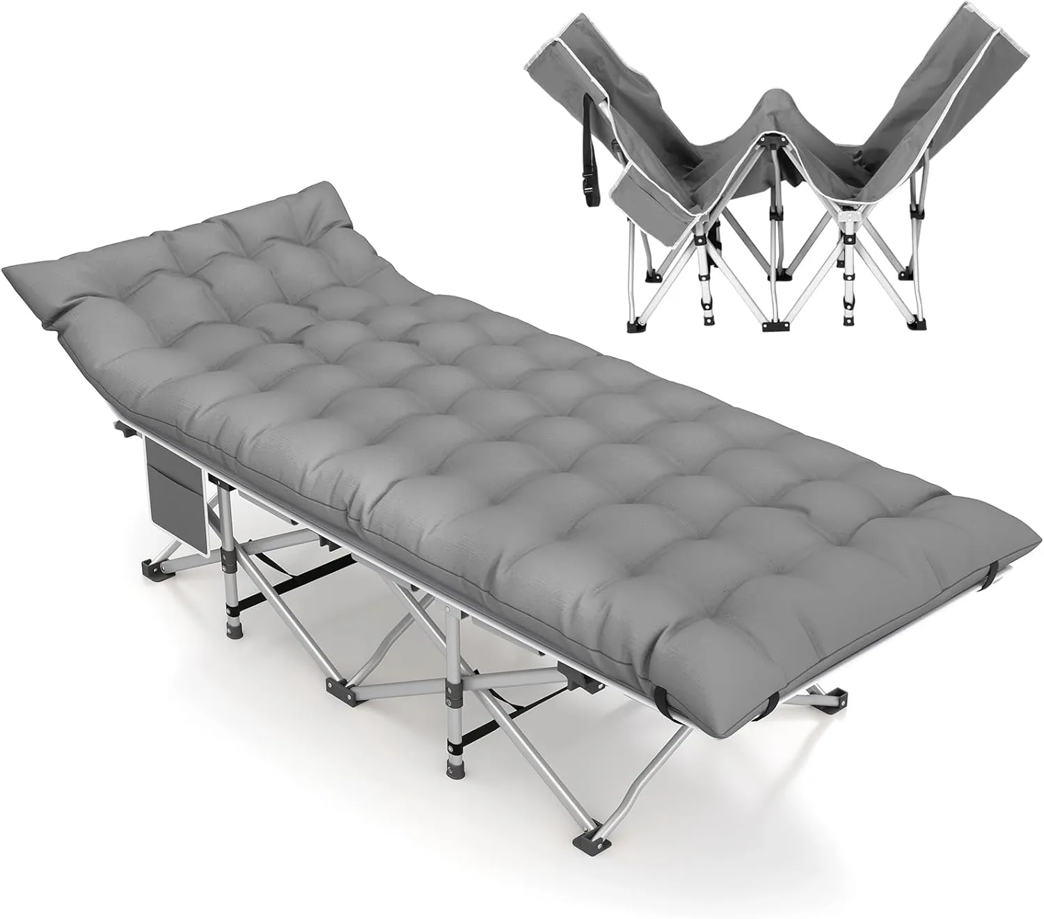 Camping Cot, Folding Camping Cot for Adults, Folding Bed, Heavy Duty Sleeping Cots with Carry Bag, Double Layer Oxford Portable Sleeping Bed 600LBS(Max Load) (Silver Frame Gray Pad, 1Pack)