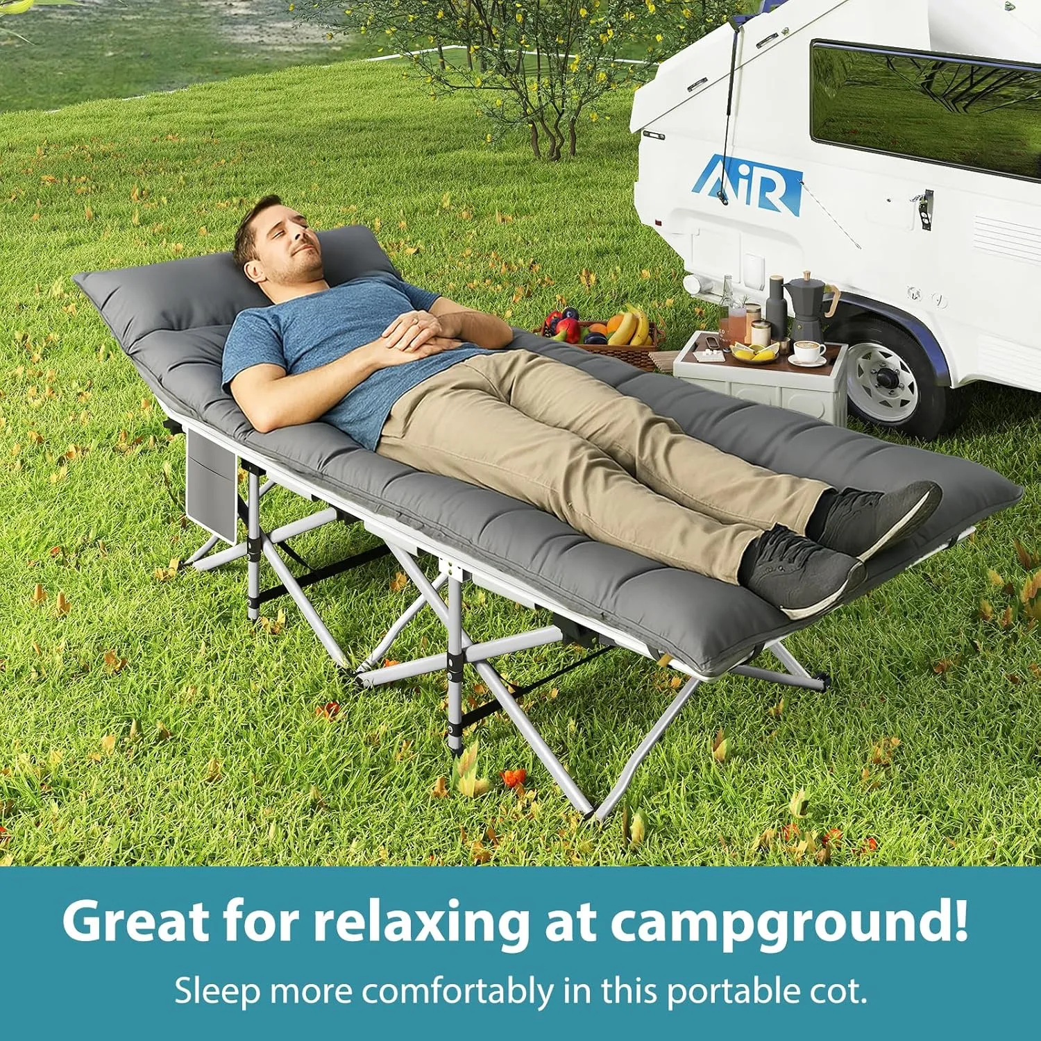 Camping Cot, Folding Camping Cot for Adults, Folding Bed, Heavy Duty Sleeping Cots with Carry Bag, Double Layer Oxford Portable Sleeping Bed 600LBS(Max Load) (Silver Frame Gray Pad, 1Pack)