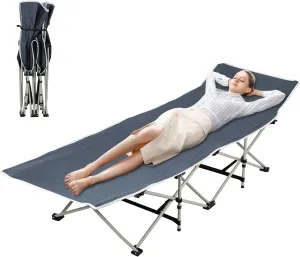 Camping Cot for Adults, Indoor Outdoor Portable Folding Bed, Reclining Folding Chaise, Lightweight Sleeping Cots Bed for Office, Pool, Beach, Patio