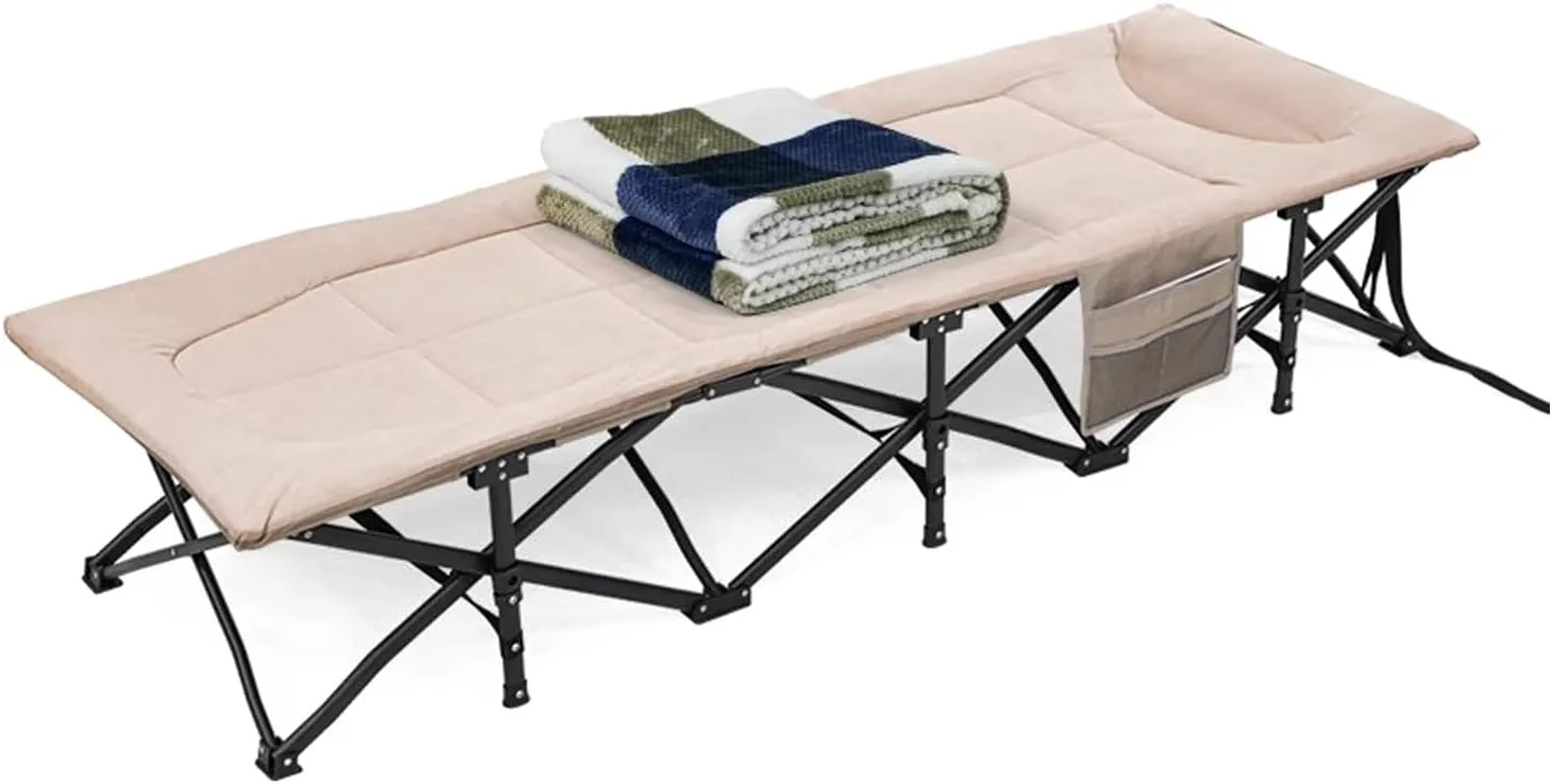 Camping Cot for Adults with Cushion and Pillow, Folding Cot for Room Camp Office Use with Blanket, Outdoor Cot Bed for Traveling Supports 200 Kg/440 Lbs