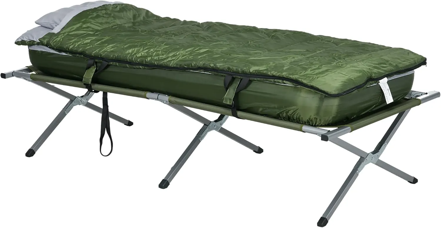 Camping Cot, Outdoor Folding Bed Set with Mattress, Sleeping Bag, Pillow, and Carry Bag, Comfortable and Portable, for Travel Camp Beach