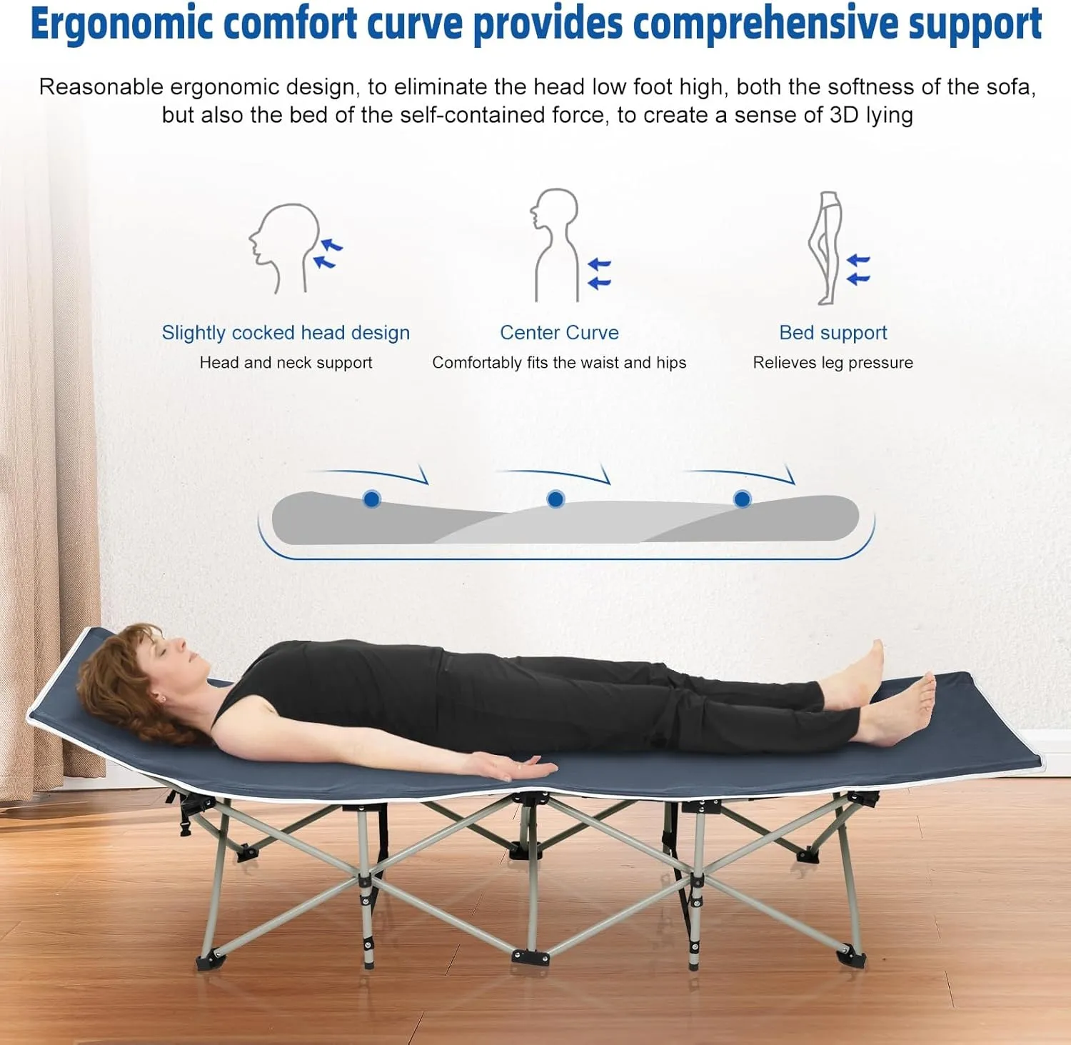 Camping Cots for Adults, 220 lbs Double Layer Oxford Heavy Duty Sleeping Cots for Adults, Portable Folding Cots for Sleeping, Lightweight, Stable, Durable, Gray Blue