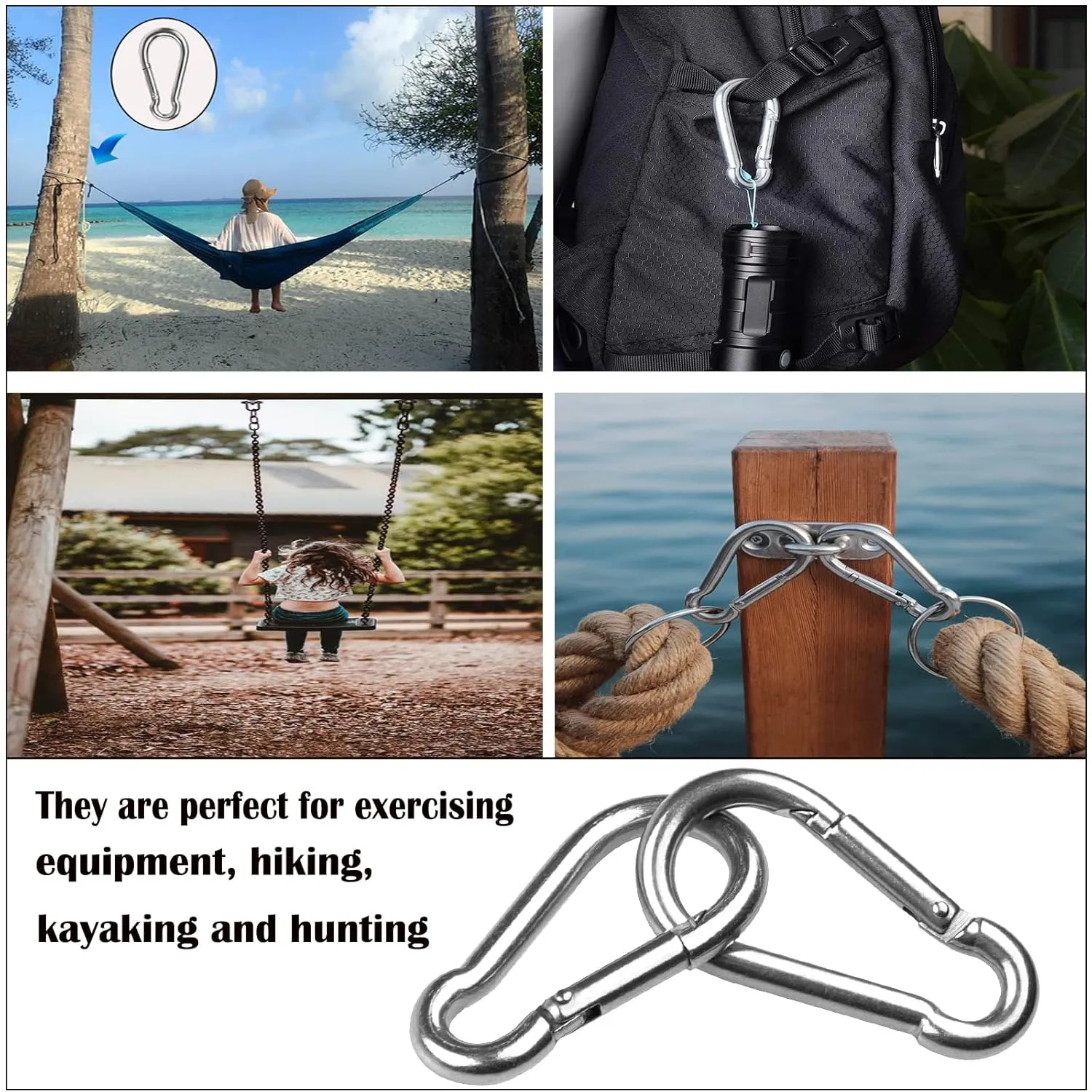 Carabiner 3 Inch Spring Snap Hook, 16pcs M8 5/16 Inch Spring Snap Hook Quick Link for Camping Hiking, 500LBS Holding Capacity Heavy Duty Steel Carabiner Clip Buckle for Hammock Swing Fitness