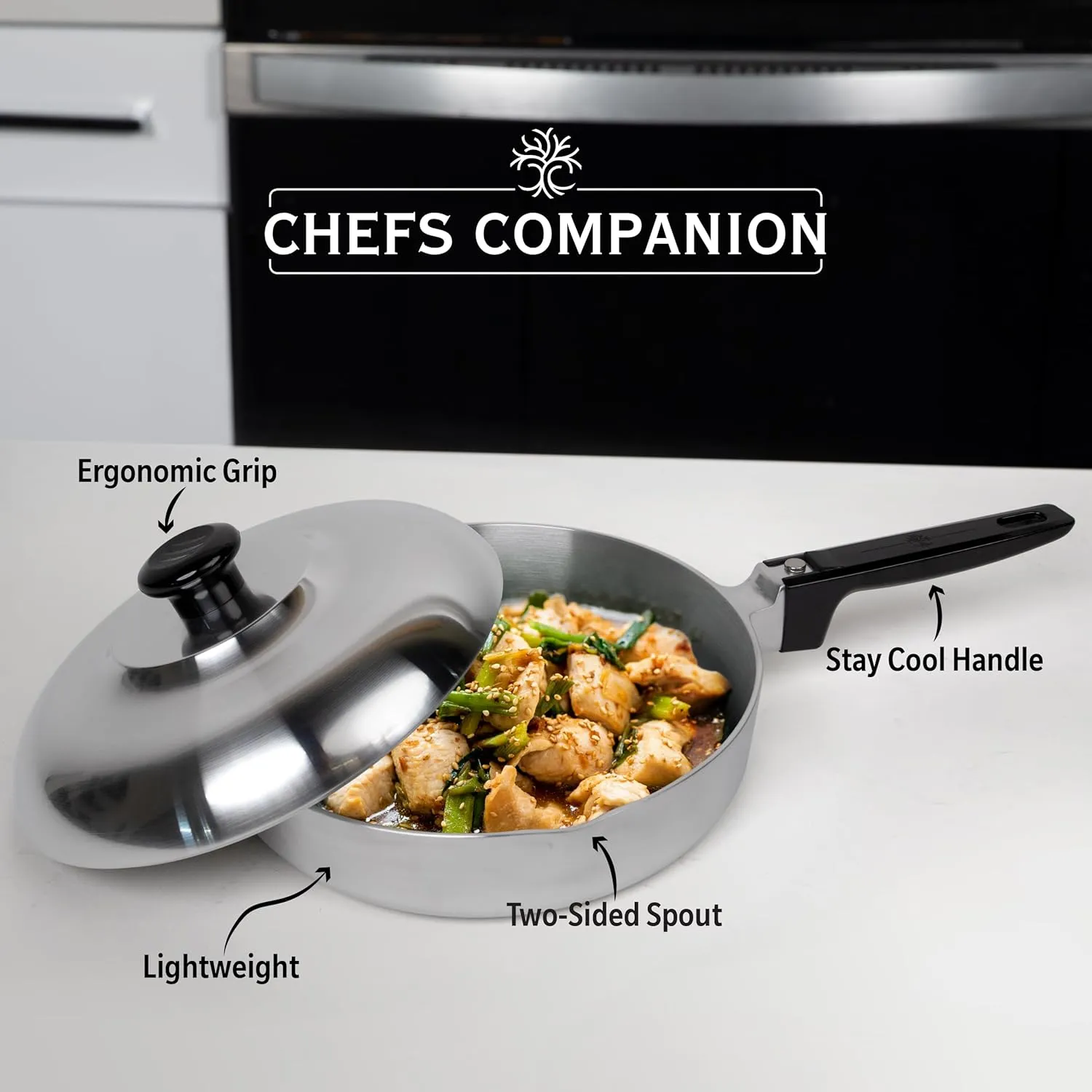 Cast Aluminum Sauté Pan with Lid 10 inch - Oven Safe Deep Frying Pan with Lid, Two Side Spouts and Ergonomic Stay-Cool Handle for Comfortable Grip and Pouring (3 Quart)