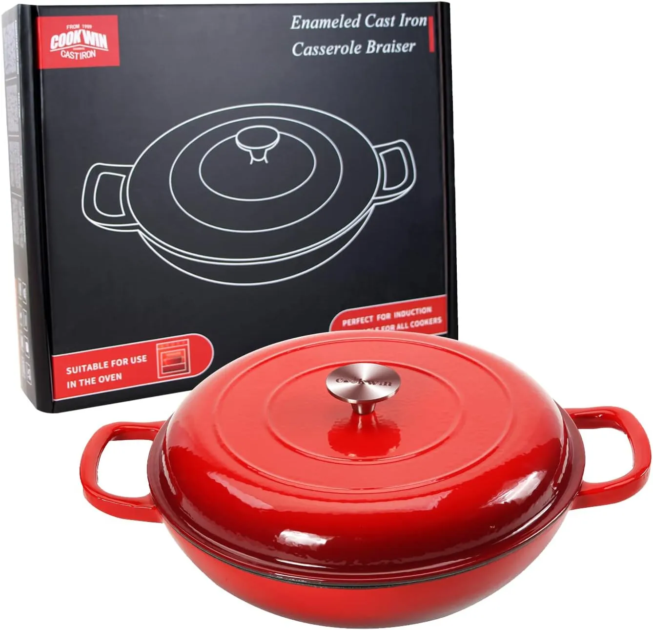 Cast Iron Casserole Braiser,3.8 Quart Enameled Cast Iron Pan,Heavy Duty Casserole Skillet with Lid and Dual Handles,Porcelain Surface Casserole Dish with Lid,Dutch Oven Gifts for Family,Red