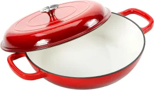 Cast Iron Casserole Braiser,3.8 Quart Enameled Cast Iron Pan,Heavy Duty Casserole Skillet with Lid and Dual Handles,Porcelain Surface Casserole Dish with Lid,Dutch Oven Gifts for Family,Red