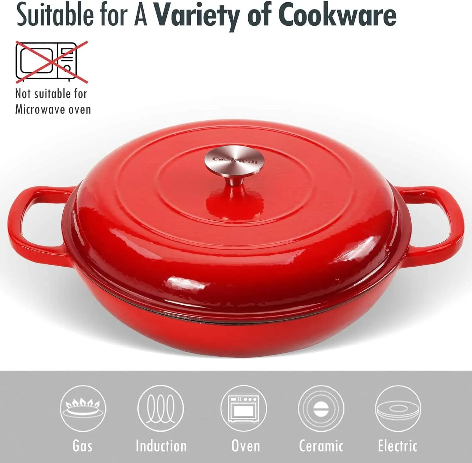 Cast Iron Casserole Braiser,3.8 Quart Enameled Cast Iron Pan,Heavy Duty Casserole Skillet with Lid and Dual Handles,Porcelain Surface Casserole Dish with Lid,Dutch Oven Gifts for Family,Red