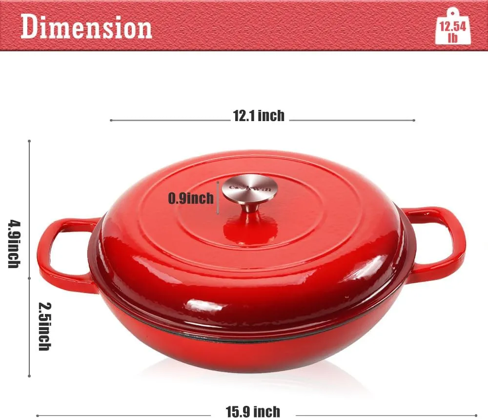 Cast Iron Casserole Braiser,3.8 Quart Enameled Cast Iron Pan,Heavy Duty Casserole Skillet with Lid and Dual Handles,Porcelain Surface Casserole Dish with Lid,Dutch Oven Gifts for Family,Red