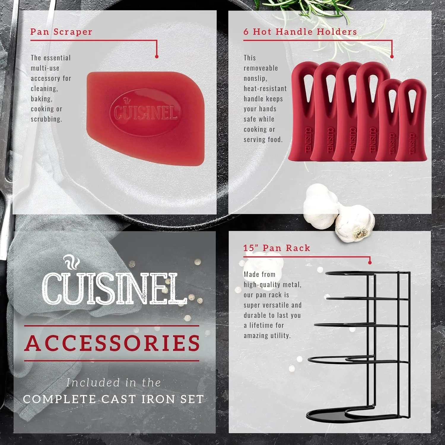 Cast Iron Cookware 18-Piece Set - Pre-Seasoned 6"   8"   10"   12" Skillet   Grill Pan Lid   Griddle   Pizza Pan   Dutch Oven Cover/Pan   Panrack   Silicone Handle Cover   Pan Scraper/Cleaner