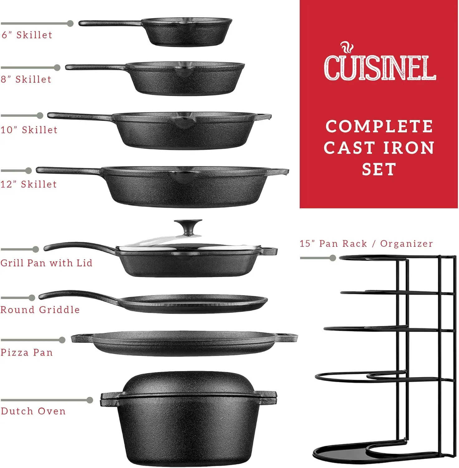 Cast Iron Cookware 18-Piece Set - Pre-Seasoned 6"   8"   10"   12" Skillet   Grill Pan Lid   Griddle   Pizza Pan   Dutch Oven Cover/Pan   Panrack   Silicone Handle Cover   Pan Scraper/Cleaner