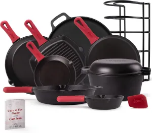 Cast Iron Cookware 18-Piece Set - Pre-Seasoned 6"   8"   10"   12" Skillet   Grill Pan Lid   Griddle   Pizza Pan   Dutch Oven Cover/Pan   Panrack   Silicone Handle Cover   Pan Scraper/Cleaner
