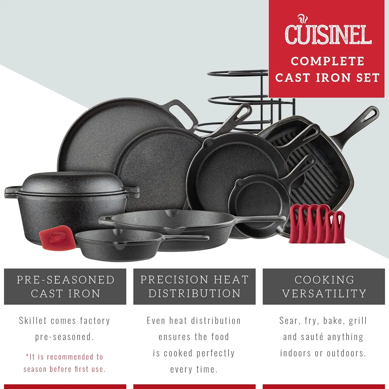 Cast Iron Cookware 18-Piece Set - Pre-Seasoned 6"   8"   10"   12" Skillet   Grill Pan Lid   Griddle   Pizza Pan   Dutch Oven Cover/Pan   Panrack   Silicone Handle Cover   Pan Scraper/Cleaner