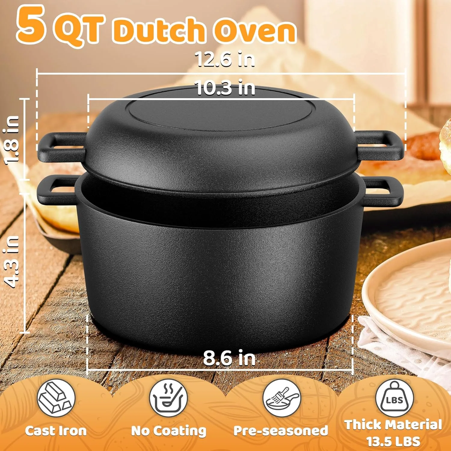 Cast Iron Dutch Oven for Bread Baking, 5 QT Pre-Seasoned Pot with Skillet Lid, Includes Sourdough Bread Baking Supplies, Cast Iron Pot for Frying, Braising, BBQ