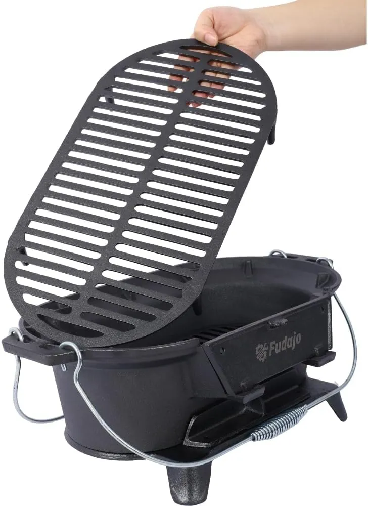 Cast Iron Hibachi Grill & Tabletop Skillet, Oval Charcoal Grill, Small Portable Outdoor Cooking Station for Camping, Backyard, Picnic (Black A)