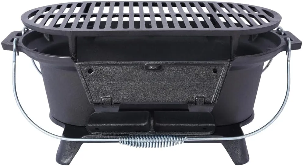Cast Iron Hibachi Grill & Tabletop Skillet, Oval Charcoal Grill, Small Portable Outdoor Cooking Station for Camping, Backyard, Picnic (Black A)