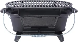 Cast Iron Hibachi Grill & Tabletop Skillet, Oval Charcoal Grill, Small Portable Outdoor Cooking Station for Camping, Backyard, Picnic (Black A)