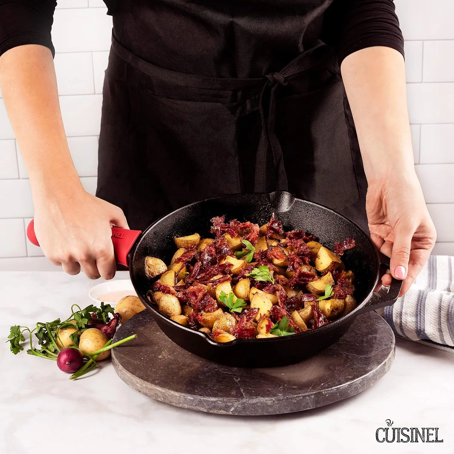 Cast Iron Skillet - 10"-Inch Frying Pan with Pour Spouts   Pan Scraper   Silicone Grip Handle Cover Holder - Pre-Seasoned Oven Cookware - Indoor/Outdoor Use - BBQ, Firepit, Stovetop, Induction Use