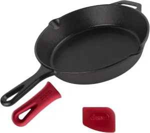 Cast Iron Skillet - 10"-Inch Frying Pan with Pour Spouts   Pan Scraper   Silicone Grip Handle Cover Holder - Pre-Seasoned Oven Cookware - Indoor/Outdoor Use - BBQ, Firepit, Stovetop, Induction Use