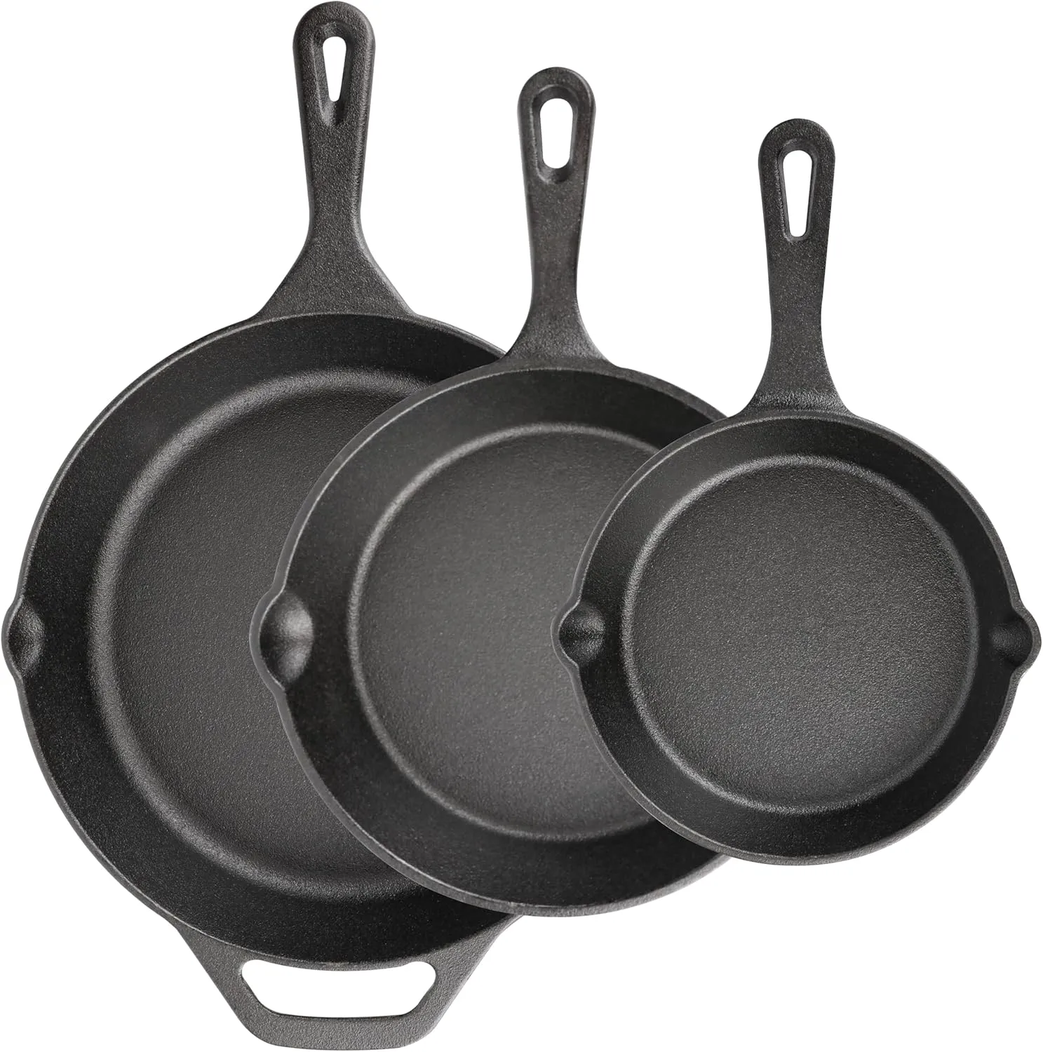 Cast Iron Skillet 3-Piece Set, Frying Pans, Heavy-Duty Pre-Seasoned Pan Cookware Set, 10", 8", 6" Pans, For Frying, Saute, Cooking, Pizza & More, Black