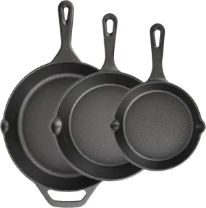 Cast Iron Skillet 3-Piece Set, Frying Pans, Heavy-Duty Pre-Seasoned Pan Cookware Set, 10", 8", 6" Pans, For Frying, Saute, Cooking, Pizza & More, Black