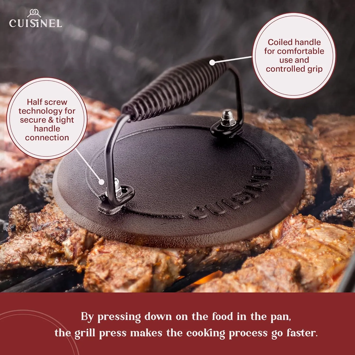 Cast Iron Skillet   Grill Press   Scraper Set - 12"-inch Pre-Seasoned Frying Pan   Silicone Handle Grip - 7" Round Burger Smasher - Indoor/Outdoor, Stove, Oven, Grill, Induction Kitchen Cookware