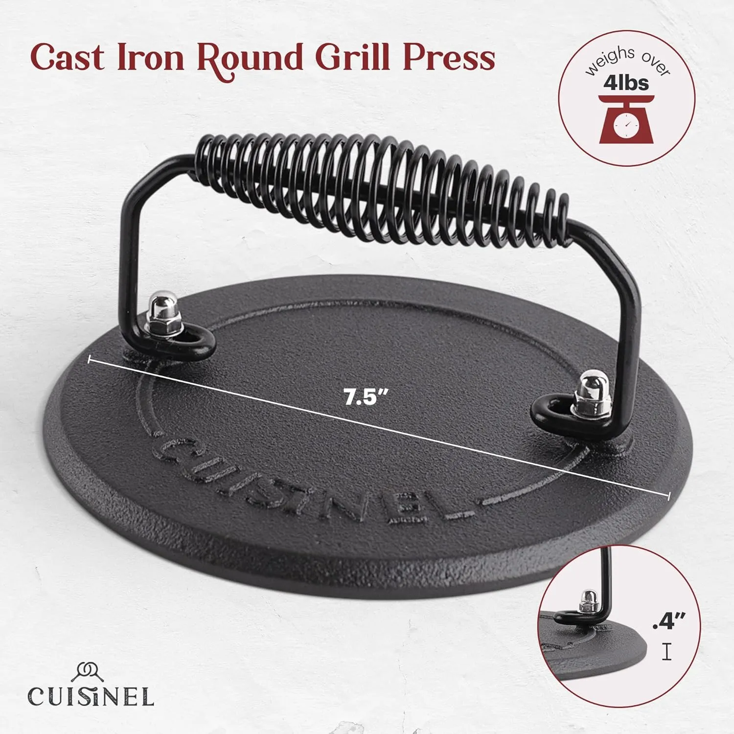 Cast Iron Skillet   Grill Press   Scraper Set - 12"-inch Pre-Seasoned Frying Pan   Silicone Handle Grip - 7" Round Burger Smasher - Indoor/Outdoor, Stove, Oven, Grill, Induction Kitchen Cookware