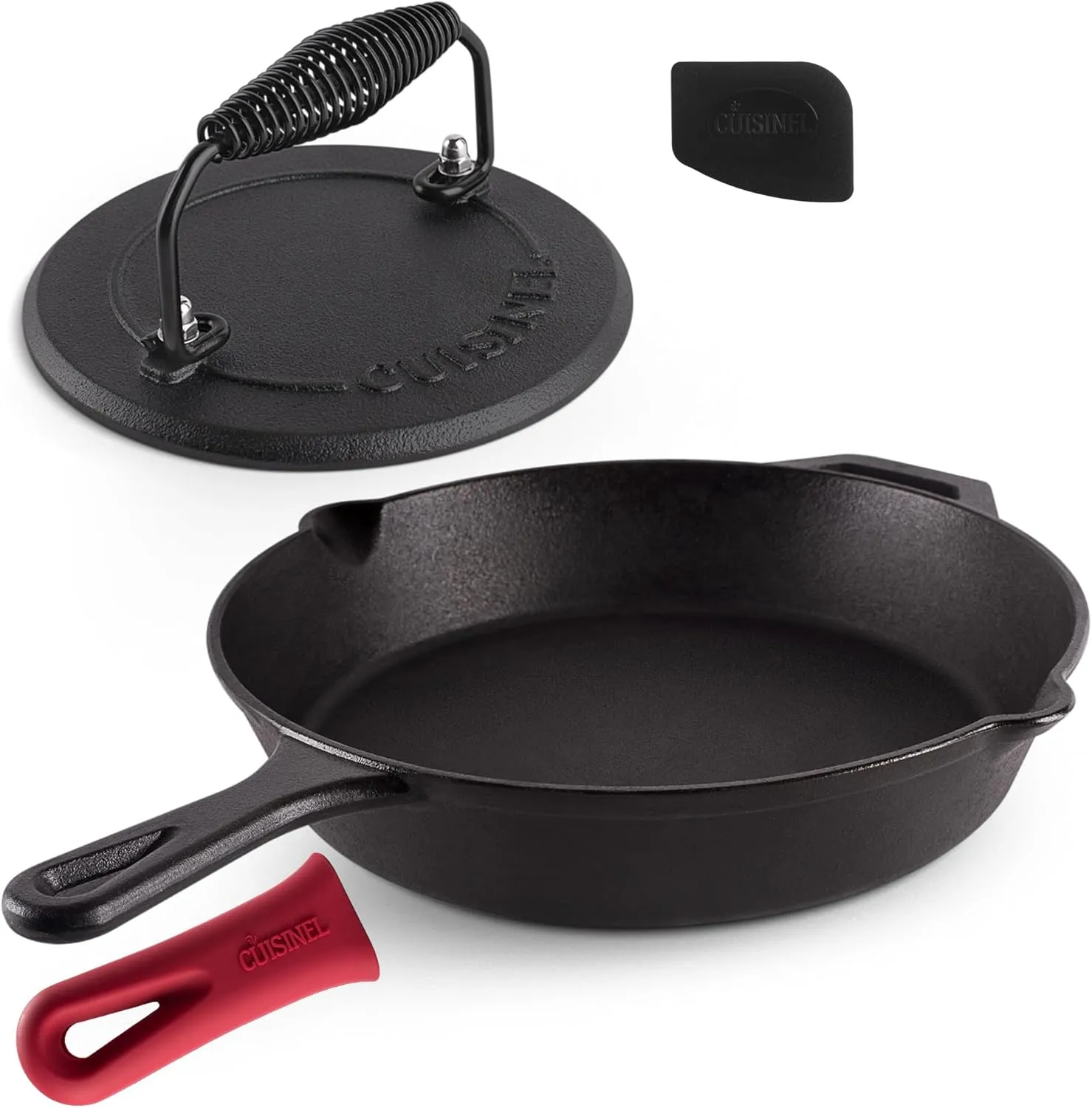 Cast Iron Skillet   Grill Press   Scraper Set - 12"-inch Pre-Seasoned Frying Pan   Silicone Handle Grip - 7" Round Burger Smasher - Indoor/Outdoor, Stove, Oven, Grill, Induction Kitchen Cookware