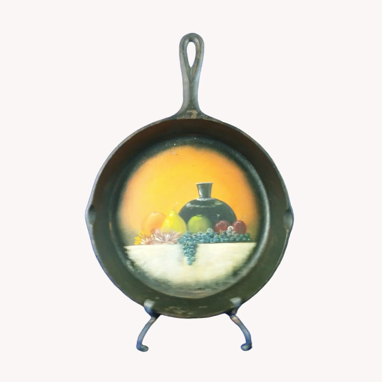 Cast Iron Skillet Hand Painted Art Fruit Design Separate Easel Decoration Only