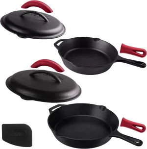 Cast Iron Skillet Set with Lids - 10" 12"-inch Pre-Seasoned Covered Frying Pan Set   Silicone Handle and Lid Holders   Scraper/Cleaner - Use Indoor/Outdoor, Oven, Stovetop, Fire, BBQ Kitchen Cookware
