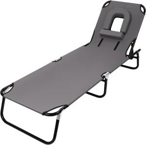 cdar Foldable Camping Cot, Adults Reclining Folding Chaise for Indoor Outdoor Travel, Heavy Duty Summer Lounger Chair with Face Hole Sunbathing Chair for Patio Poolside, Lawn, Beach Grey