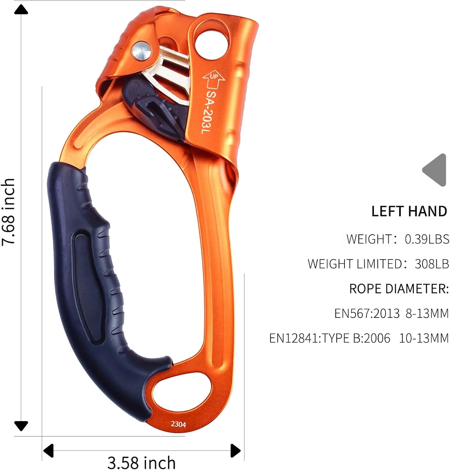 CE Hand Ascender,140kgs Rappelling Gear Equipment with Ergonomic Rubber Handle for Rock Climbing Tree Arborist, Climbing Rescue Caving, Mountaineering, 8~13MM Rope, 4kN,Right/Left Hand