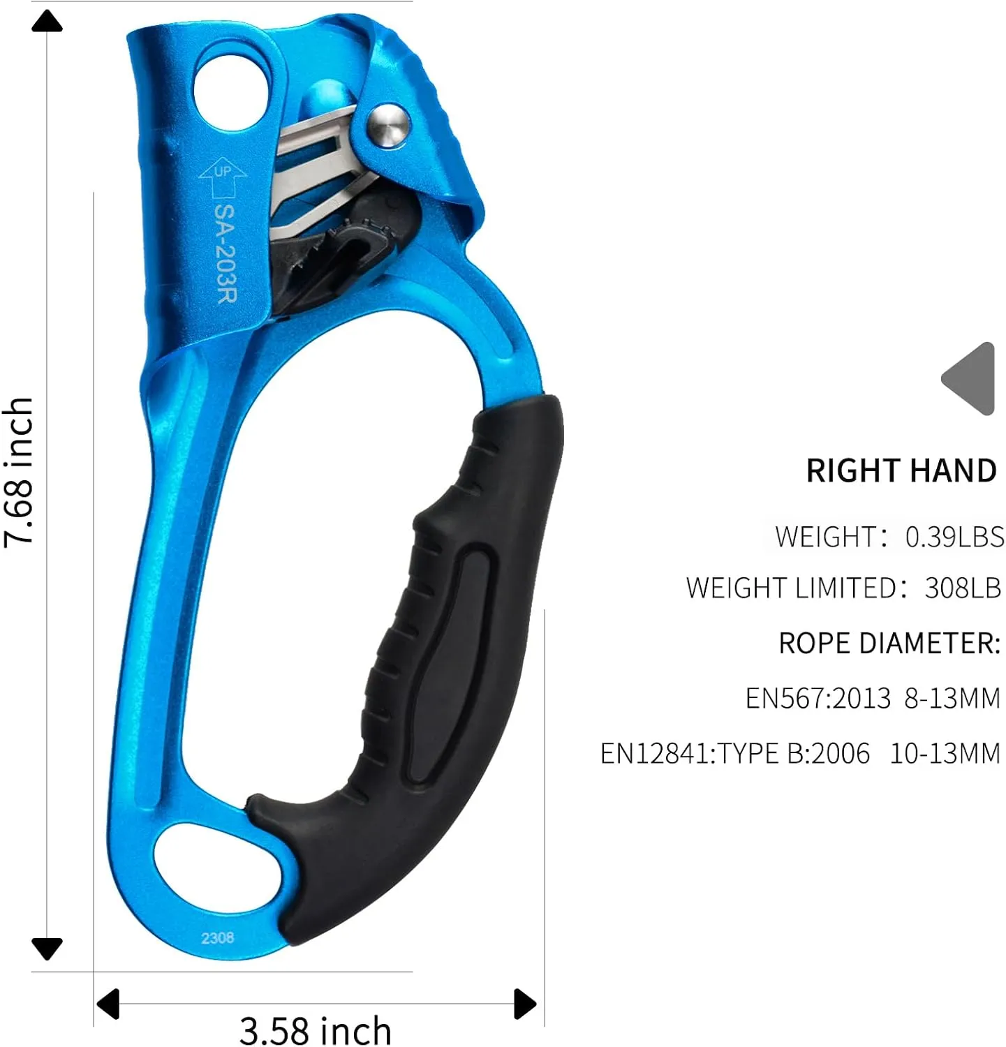 CE Hand Ascender,140kgs Rappelling Gear Equipment with Ergonomic Rubber Handle for Rock Climbing Tree Arborist, Climbing Rescue Caving, Mountaineering, 8~13MM Rope, 4kN,Right/Left Hand